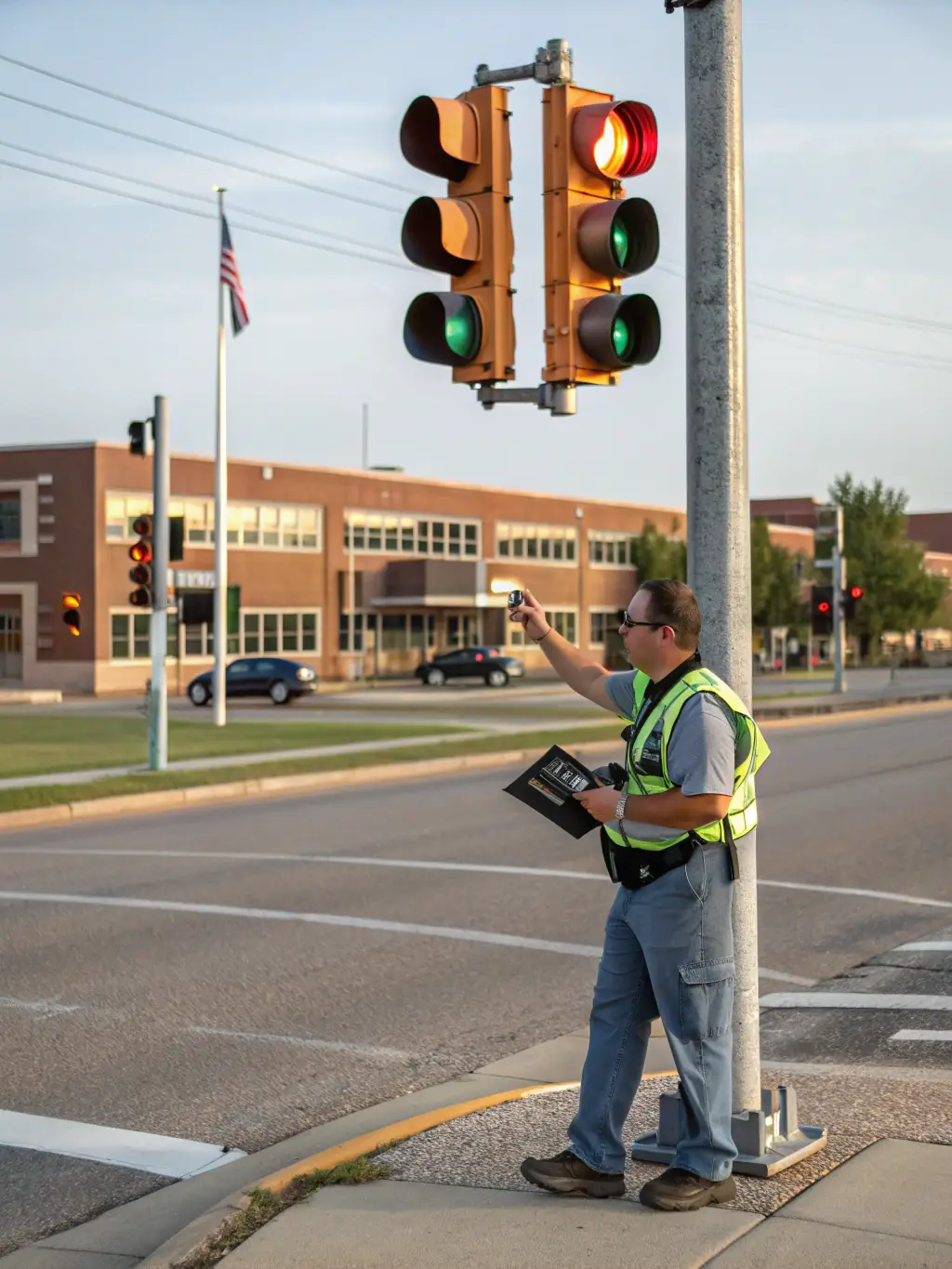 A traffic management technician inspecting traffic signals at a school zone during operational hours, emphasizing ongoing management.