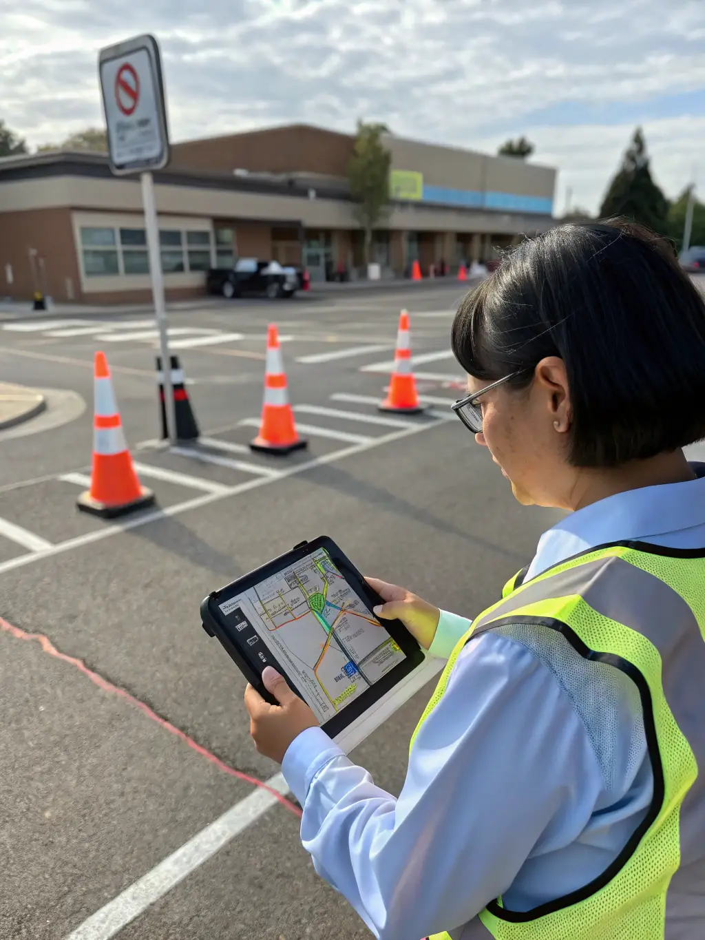 An engineer reviewing traffic flow diagrams at a school site with traffic cones and signage in the background, focusing on the design phase of a traffic management plan.
