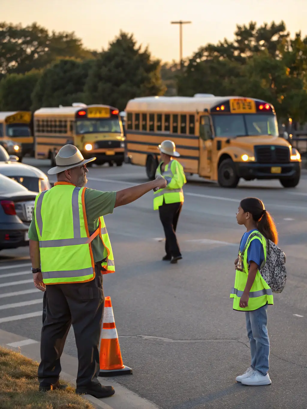Experienced traffic control operators managing traffic flow near a school during dismissal time, ensuring student safety and efficient traffic management.