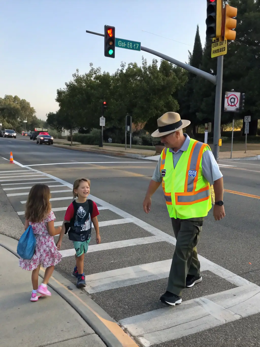 A school crossing guard assisting students across a street with clear traffic signals and signage, representing overall safety and compliance.