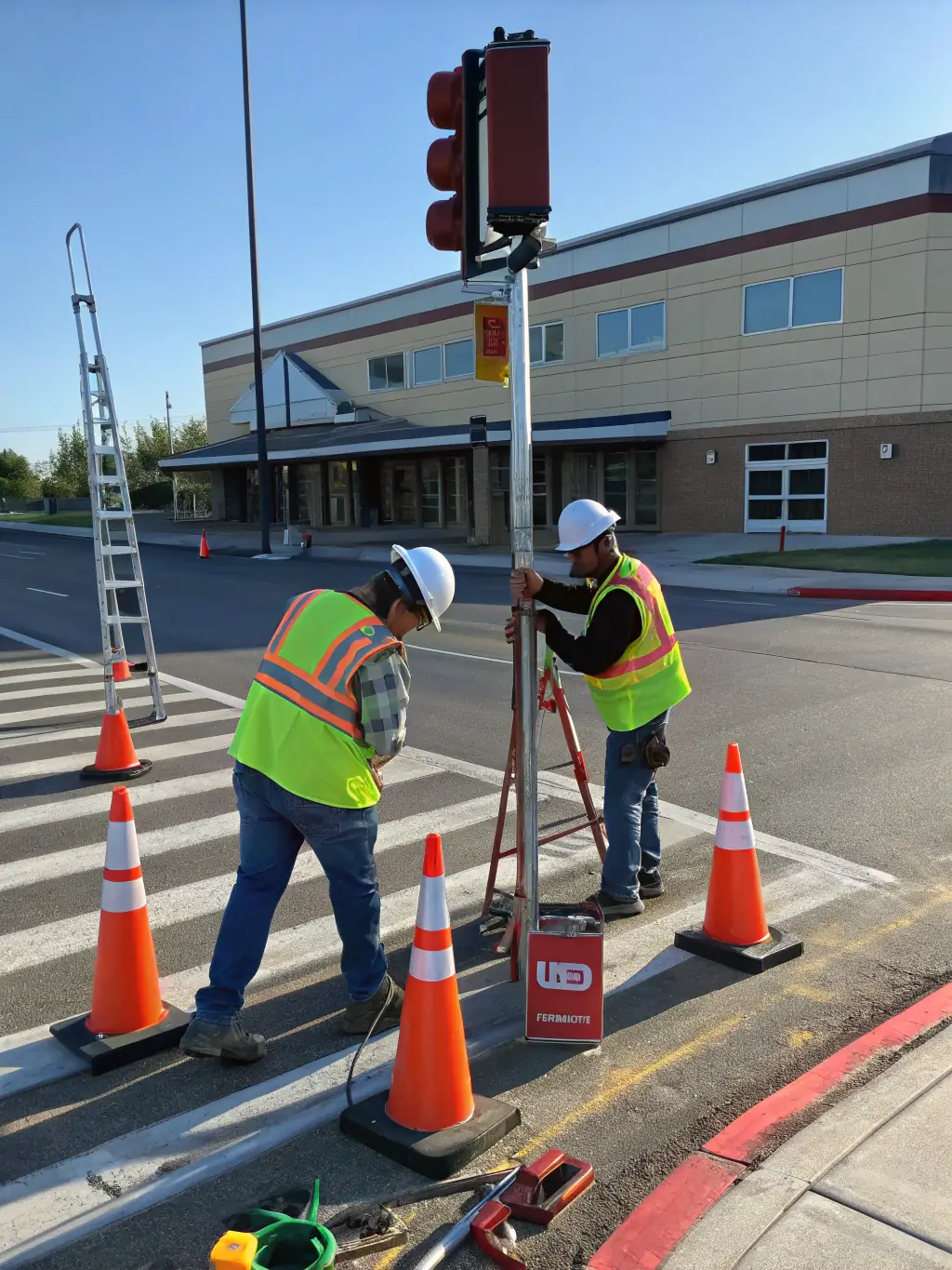 Technicians installing traffic signs and signals at a school crossing with safety gear and equipment, highlighting the installation process.