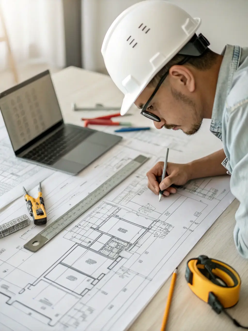 A close-up shot of a certified traffic engineer reviewing blueprints at a school construction site, emphasizing precision and expertise.