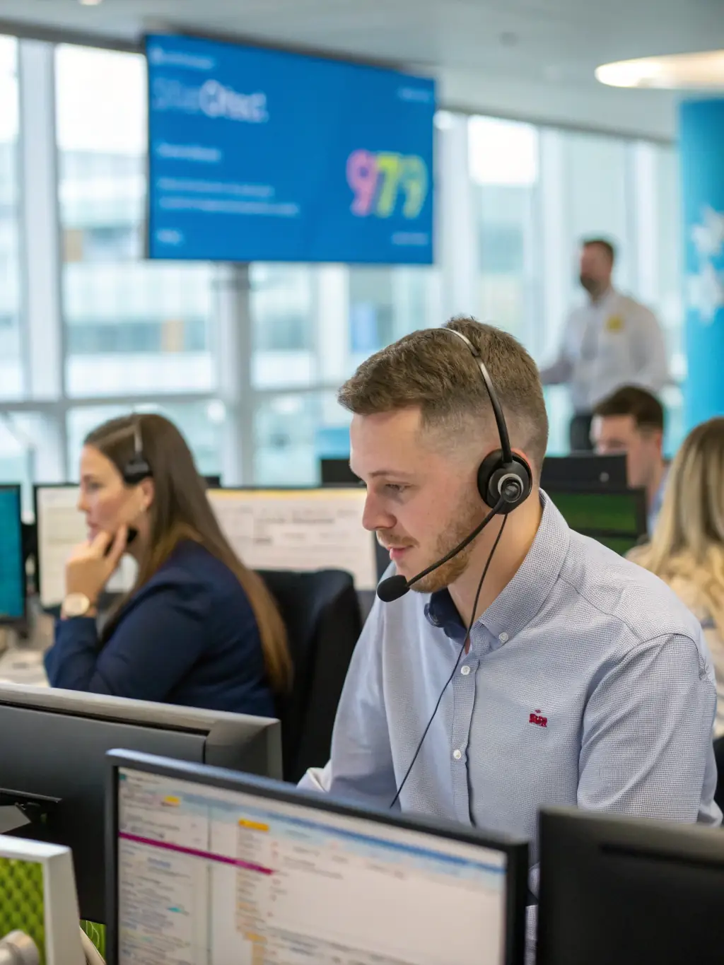 A support team member assisting a school administrator over the phone, showcasing SCM Management L.L.C.'s commitment to responsive and reliable support.